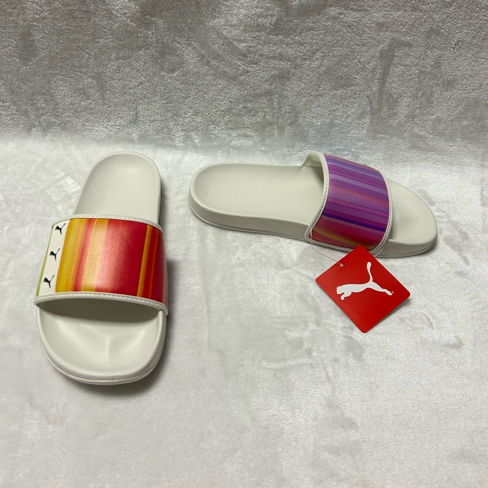 Women’s Puma purple red orange white Rainbow marshmallow slides sandals size 6